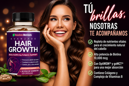 HAIR GROWTH RAINBOW NUTRIENTS 120 CAPS | BIOTINA 10,000 MCG + COLÁGENO | CABELLO FUERTE Y SALUDABLE