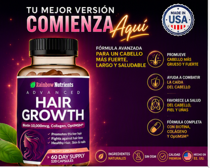 HAIR GROWTH RAINBOW NUTRIENTS 120 CAPS | BIOTINA 10,000 MCG + COLÁGENO | CABELLO FUERTE Y SALUDABLE