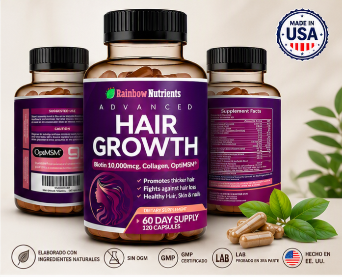 HAIR GROWTH RAINBOW NUTRIENTS 120 CAPS | BIOTINA 10,000 MCG + COLÁGENO | CABELLO FUERTE Y SALUDABLE