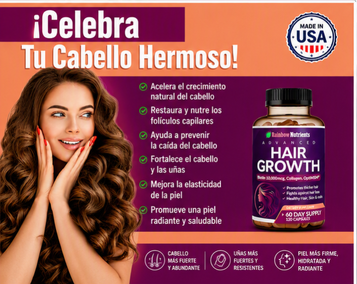 HAIR GROWTH RAINBOW NUTRIENTS 120 CAPS | BIOTINA 10,000 MCG + COLÁGENO | CABELLO FUERTE Y SALUDABLE