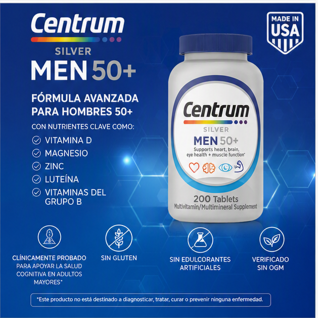 CENTRUM SILVER MEN 50+ 200 TABLETAS | MULTIVITAMÍNICO PARA HOMBRES