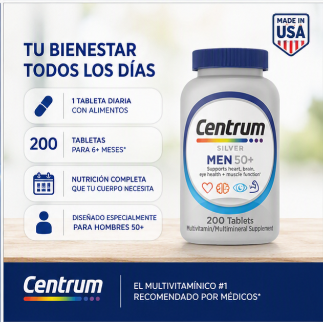 CENTRUM SILVER MEN 50+ 200 TABLETAS | MULTIVITAMÍNICO PARA HOMBRES
